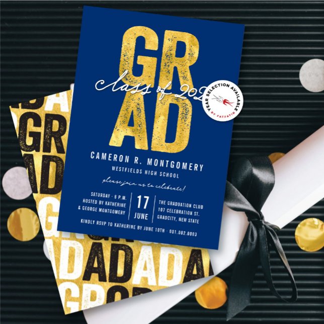 Gold GRAD Class of 2025 Stylish Graduation Party Invitation (Gold & Blue Bold GRAD Class of 2025 Stylish Graduation Party Invitation @ zazzle.com/color_therapy)