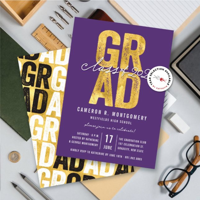 Gold GRAD Class of 2026 Stylish Graduation Party Invitation (Gold & Purple Bold GRAD Class of 2025 Stylish Graduation Party Invitation @ zazzle.com/color_therapy)