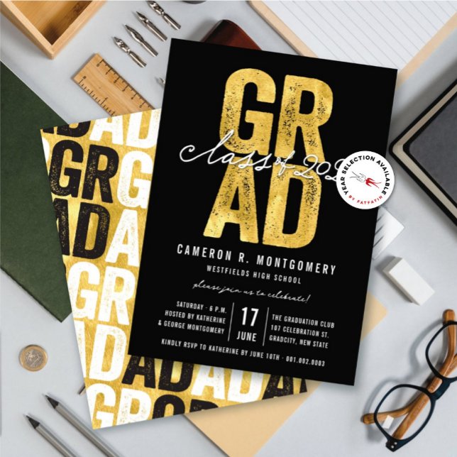 Gold GRAD Class of 2026 Stylish Graduation Party Invitation (Gold & Black Bold GRAD Class of 2025 Stylish Graduation Party Invitation @ zazzle.com/color_therapy)