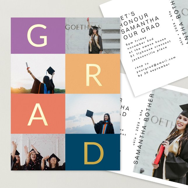 GOLD GRAD COLOR BLOCKS MULTI Photo graduation Foil Invitation (Creator Uploaded)