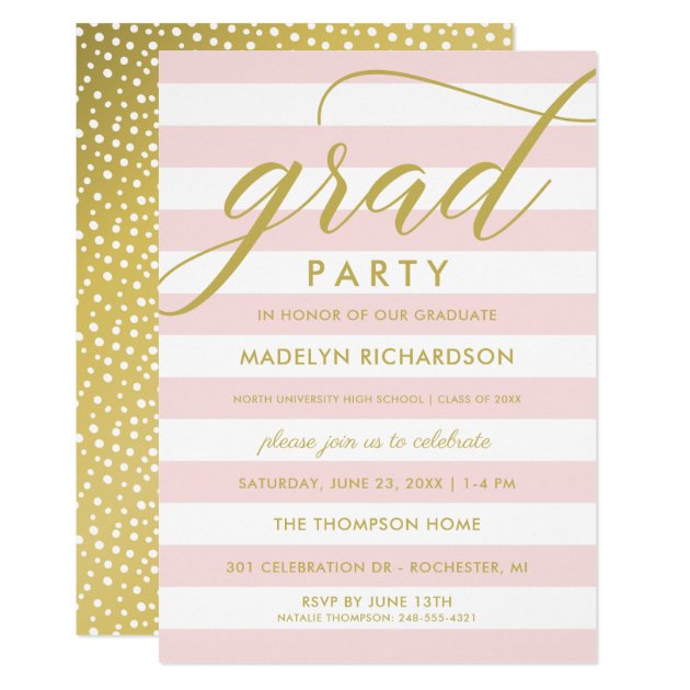 Gold Grad Party Invitation | Light Pink Stripes