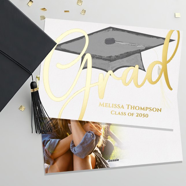 Gold Grad Script Graduation Photo Invitation Elega Foil Invitation (Gold Foil Graduation Invitation Announcement)