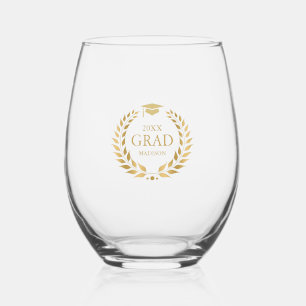 Gold Grad Typography Laurel Wreath Stemless Wine Glass