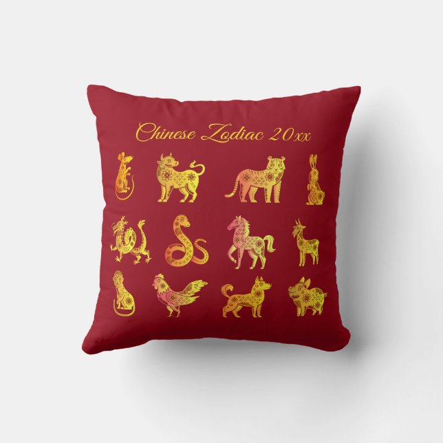 Gold Gradient Chinese Zodiac Animal Red Throw Pillow (Back)