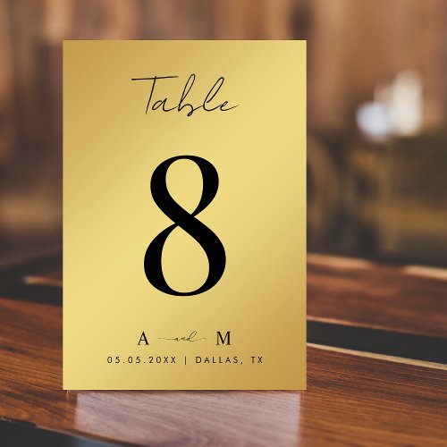 Gold Gradient  Monogram Elegant Black Wedding Table Number