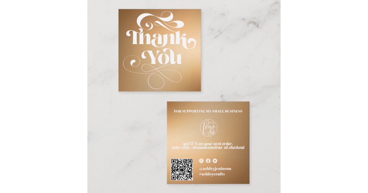 Gold gradient retro script order thank you square business card | Zazzle