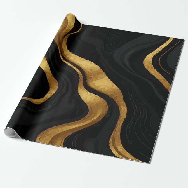 Gold Gradient Swirls on Black Pattern – Luxury Wrapping Paper (Unrolled)