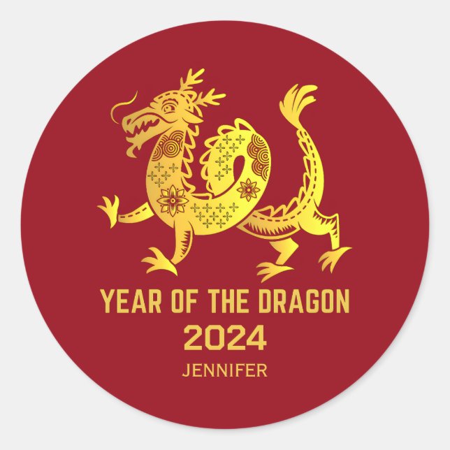 Gold Gradient Year Of The Dragon 2024 Red New Year Classic Round Sticker (Front)