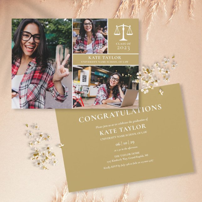 Gold Graduate 3 Photo Law School Graduation Party Invitation (Creator Uploaded)