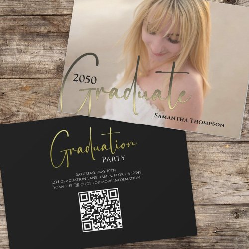 Gold Graduate Black Calligraphy Photo QR Code Invitation