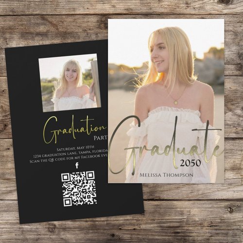 Gold Graduate Black Photo QR Code Social Media Invitation