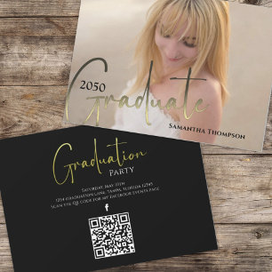 Gold Graduate Black Photo QR Code Social Media  Invitation