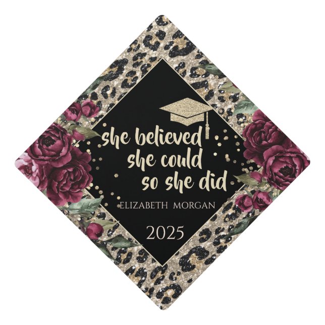 Gold Graduate Cap,Confetti Leopard,Roses Graduation Cap Topper (Front)