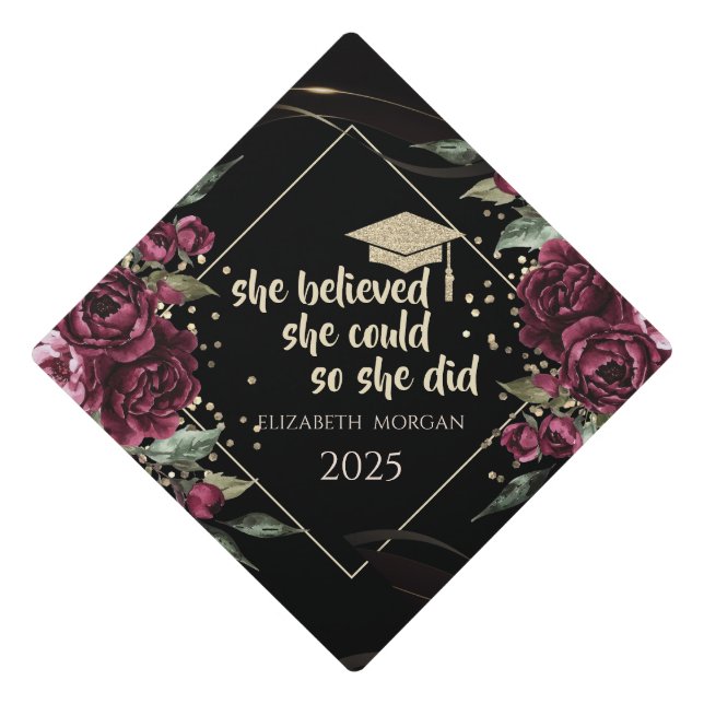 Gold Graduate Cap,Glitter Confetti Burgundy Roses Graduation Cap Topper (Front)