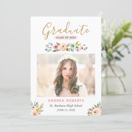 Gold Graduate Floral Photo Graduation Announcement
