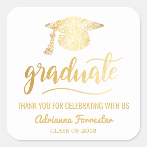 Gold Graduate Handwritten  Grad Hat  Thank You Square Sticker