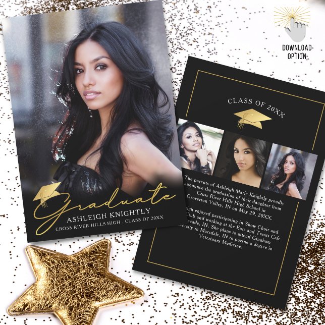 Gold Graduate Handwritten Script Black 4 Photo Announcement (Creator Uploaded)