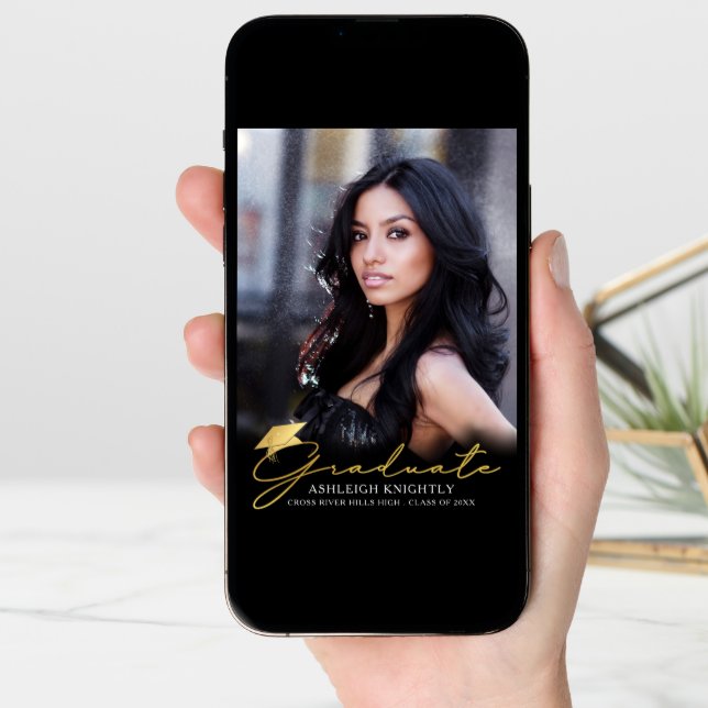 Gold Graduate Handwritten Script Black 4 Photo Announcement (Front Digital)