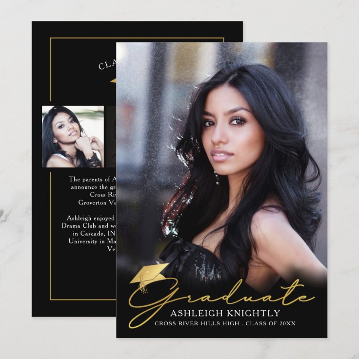 Gold Graduate Handwritten Script Black 4 Photo Announcement | Zazzle