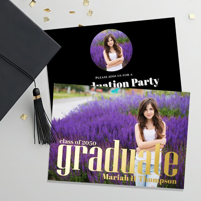 Gold Graduate Modern Photo Announcement Class Of M (Gold foil graduation invitation announcement. )