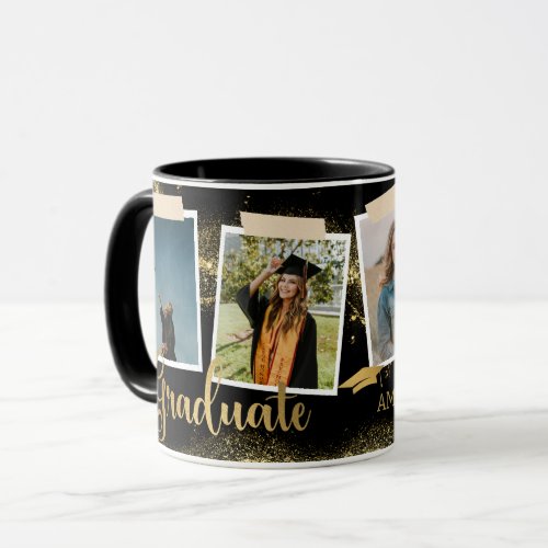 Gold Graduate Photo Name Black Graduation Mug