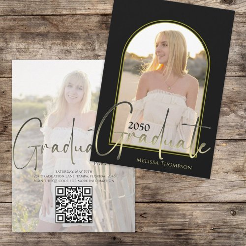 Gold Graduate Script Black Arch Photo QR Code  Invitation