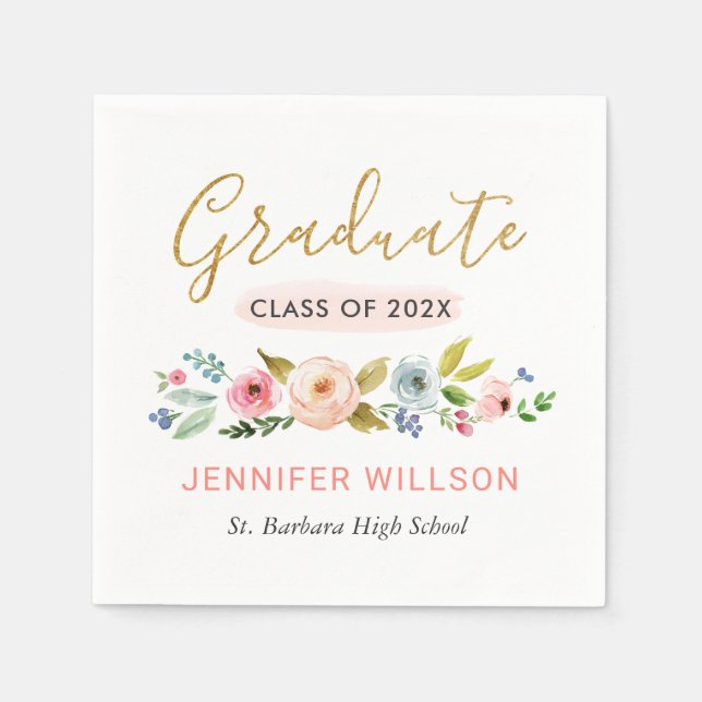 Gold Graduate Script Watercolor Floral Graduation Napkins (Front)