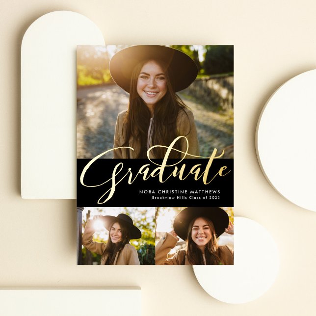Gold Graduate three photo black graduation Foil Invitation (Creator Uploaded)