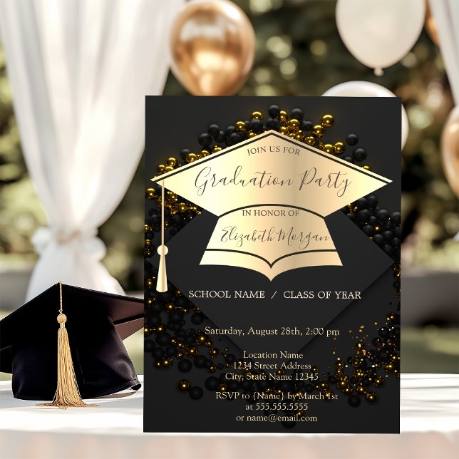 Gold Graduation Cap,Balloons Black Graduation Invitation (Creator Uploaded)