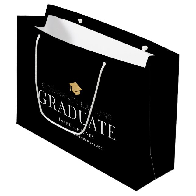 Gold Graduation Cap Black Graduation Large Gift Bag (Front Angled)