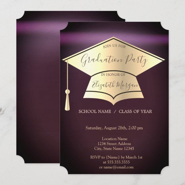 Gold Graduation Cap,Burgundy Graduation  Invitation (Front/Back)