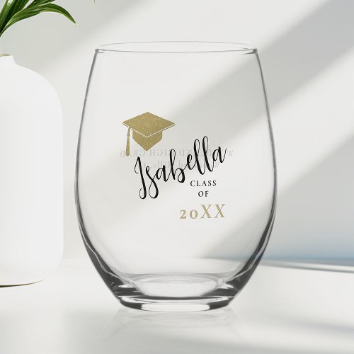 Gold Graduation Cap Calligraphy Personalized Gift Stemless Wine Glass