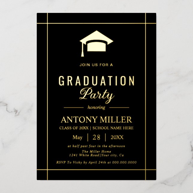 Gold graduation cap Class Of 2026 black Foil Invitation (Front)