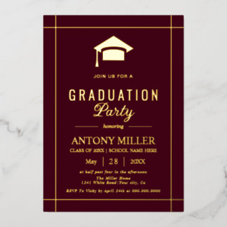 Gold graduation cap Class Of 2026 burgundy Foil Invitation