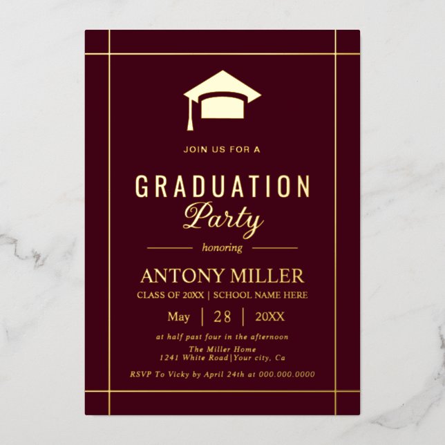 Gold graduation cap Class Of 2026 burgundy Foil Invitation (Front)