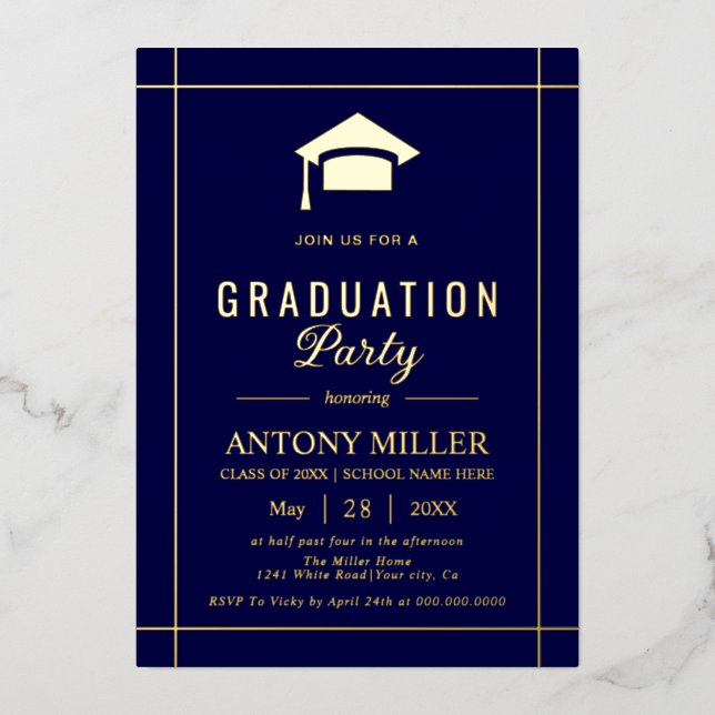 Gold graduation cap Class Of 2026 navy blue Foil Invitation (Front)