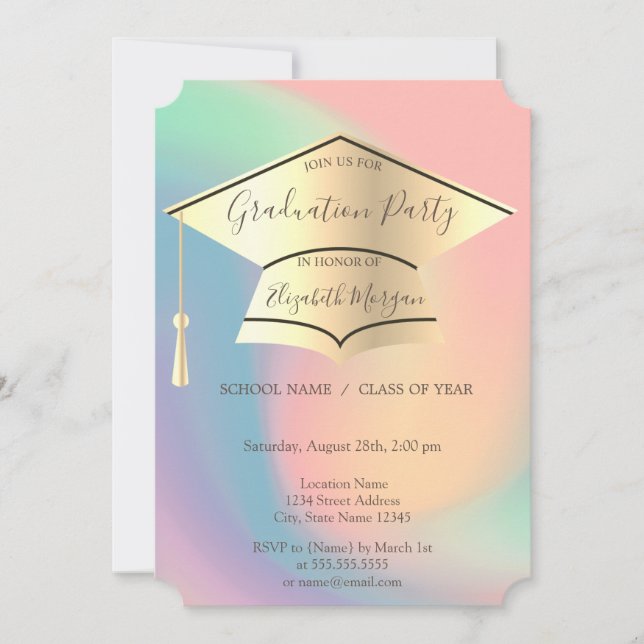 Gold Graduation Cap,Colorful Graduation Invitation (Front)