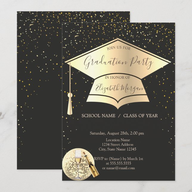 Gold Graduation Cap,Confetti Disco Ball Graduation Invitation (Front/Back)