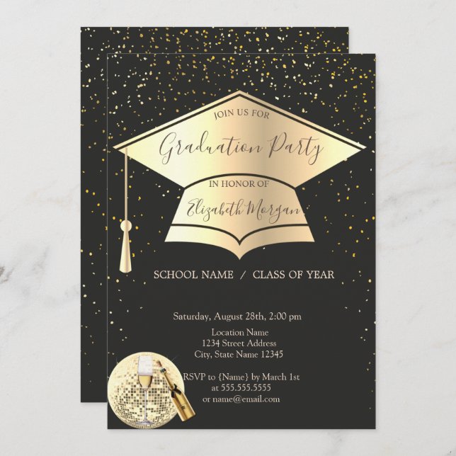 Gold Graduation Cap,Confetti Disco Ball Graduation Invitation (Front/Back)