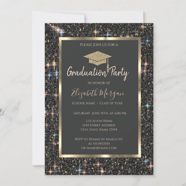  Gold Graduation Cap Dark Glitter Graduation Invitation (Front)