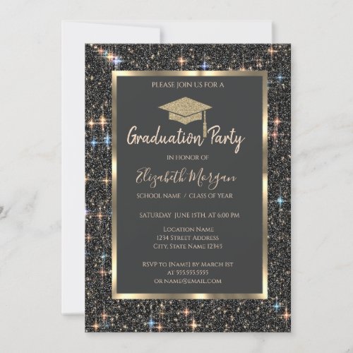  Gold Graduation Cap Dark Glitter Graduation Invitation