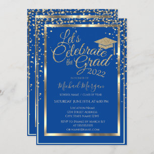 Gold Graduation Cap Diamonds Blue Graduation Invitation