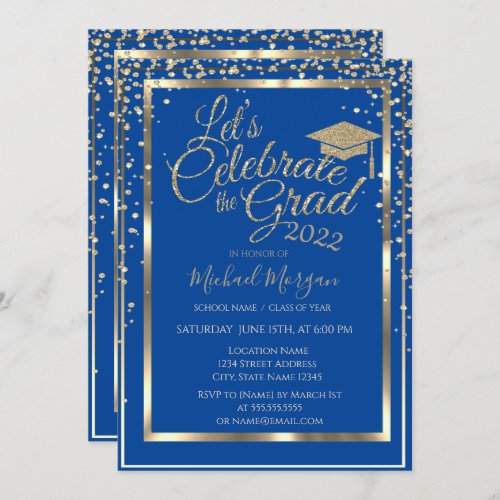 Gold Graduation Cap Diamonds Blue Graduation   Invitation