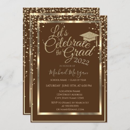 Gold Graduation Cap Diamonds Brown Graduation  Invitation