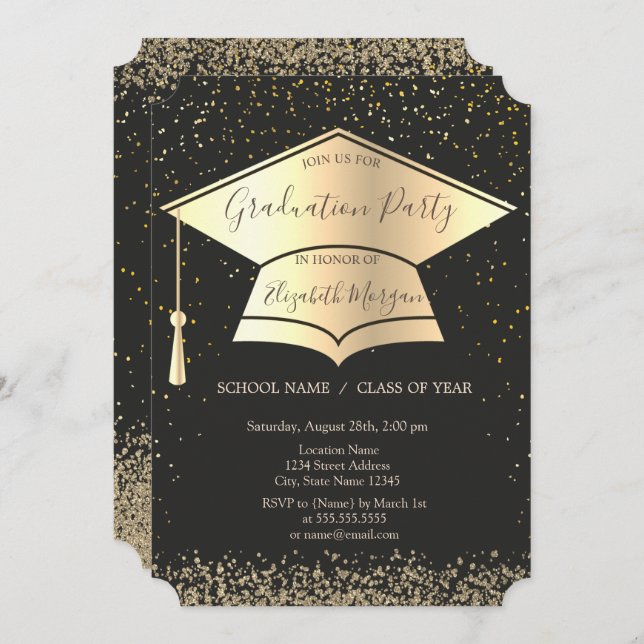 Gold Graduation Cap,Diamonds Confetti Graduation Invitation (Front/Back)