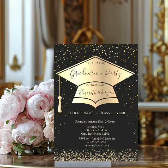 Gold Graduation Cap,Diamonds Confetti Graduation Invitation | Zazzle