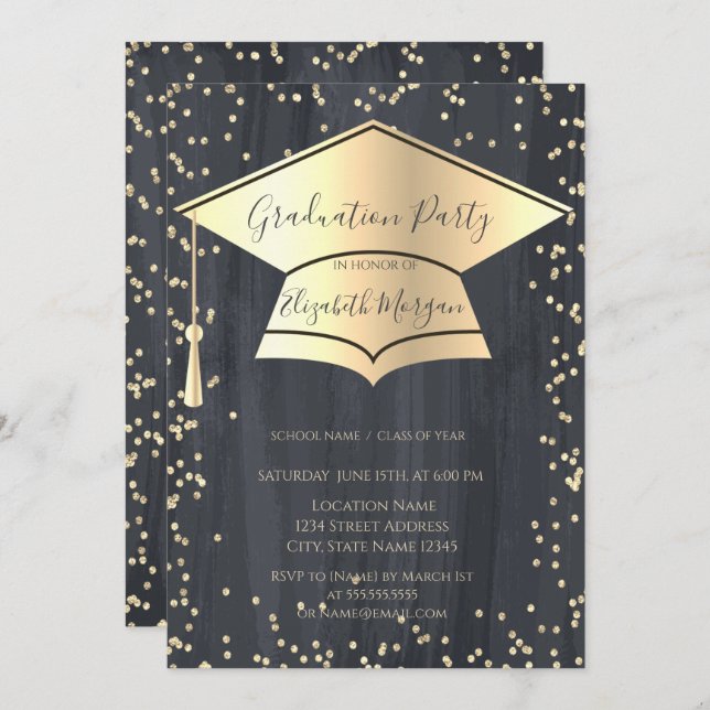 Gold Graduation Cap,Diamonds Frame Graduation Invitation (Front/Back)