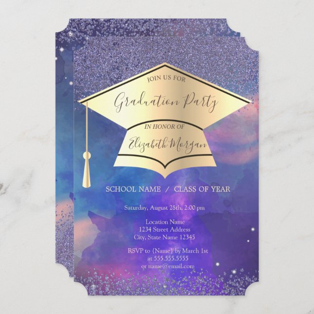 Gold Graduation Cap,Diamonds Graduation Invitation (Front/Back)