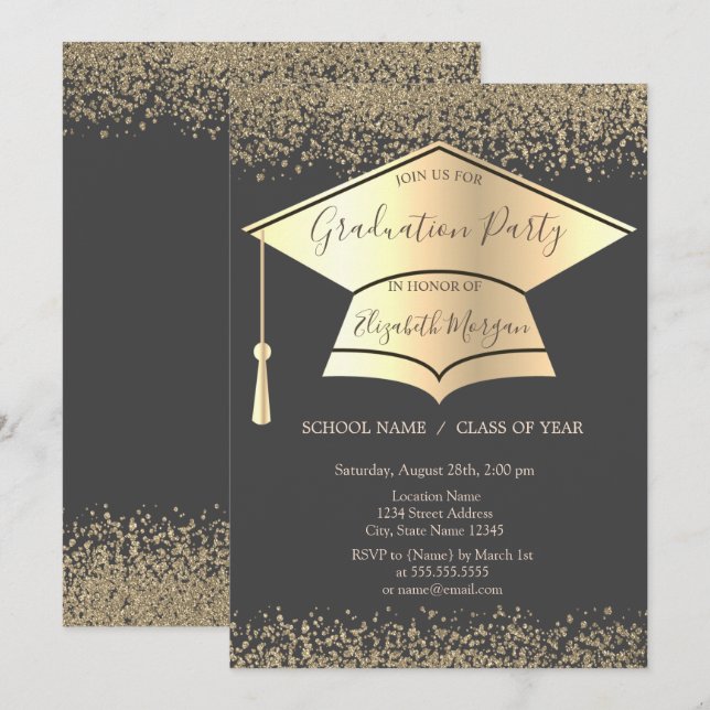 Gold Graduation Cap,Diamonds Gray Graduation Invitation (Front/Back)