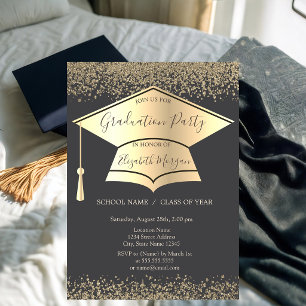 Gold Graduation Cap,Diamonds Gray Graduation Invitation